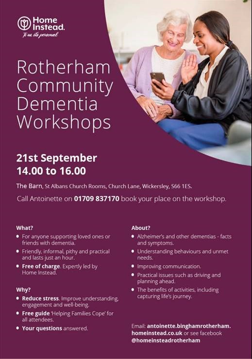 rotherham community dementa workshops - 21st september 14:00 to 16:00 at The Barn, St Albans Church Rooms, Church Lane, Wickersley, S66 1ES. Call Antoinette on 01709837170 to book your place on the workshop.